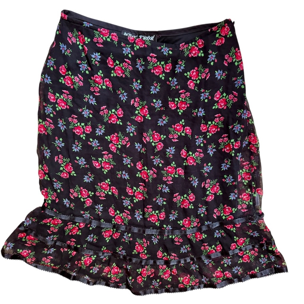 Vintage Paper Tag 90s Betsey Johnson Black & Pink Floral Skirt w/ Ruffle Hem
